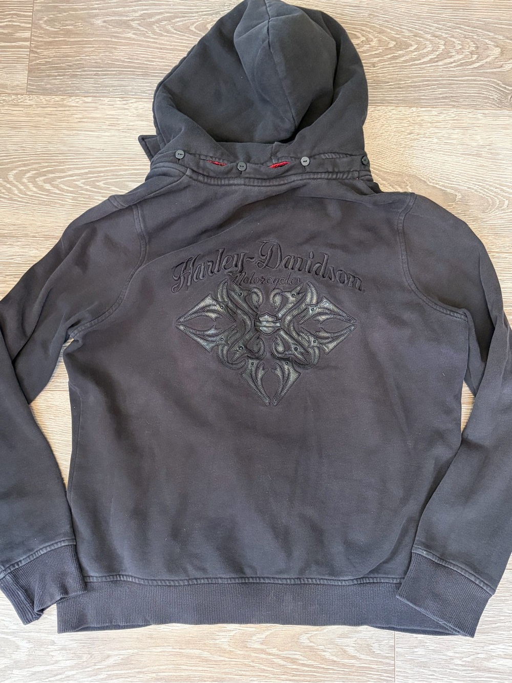 Y2K 2010 Harley-Davidson Black Embossed Logo Pea Coat Hoodie w Detachable Hood